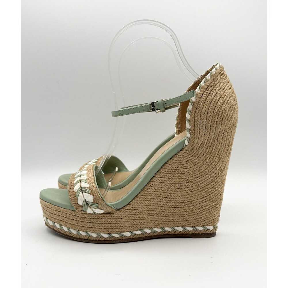 Gucci Light Green Leather & Rattan Wedge Espadrille Sandals Sz EU 38 - Picture 2 of 12
